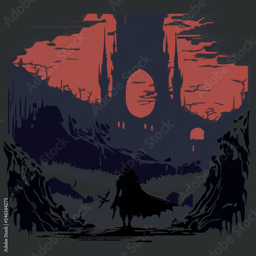 Epic warrior in medieval fantasy. Vector illustration of soldier with sword going on adventure. RPG video game concept art. Hero in armour explorring, ready to battle. Knight traveling in a fairytale