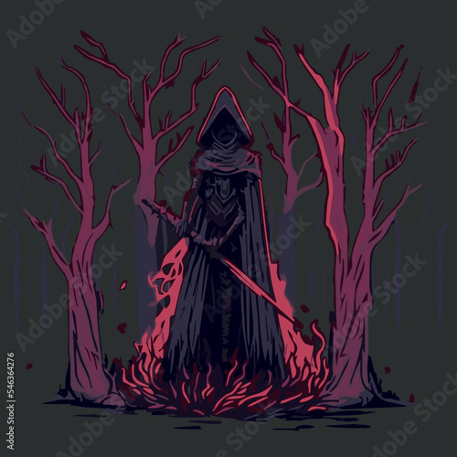 Epic warrior in medieval fantasy. Vector illustration of soldier with sword going on adventure. RPG video game concept art. Hero in armour explorring, ready to battle. Knight traveling in a fairytale