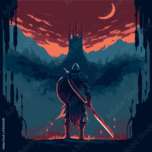 Epic warrior in medieval fantasy. Vector illustration of soldier with sword going on adventure. RPG video game concept art. Hero in armour explorring, ready to battle. Knight traveling in a fairytale