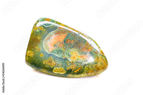 Close-up macro opaque tumbled ocean jasper, smooth colorful chalcedony crystal stone isolated on a white background surface