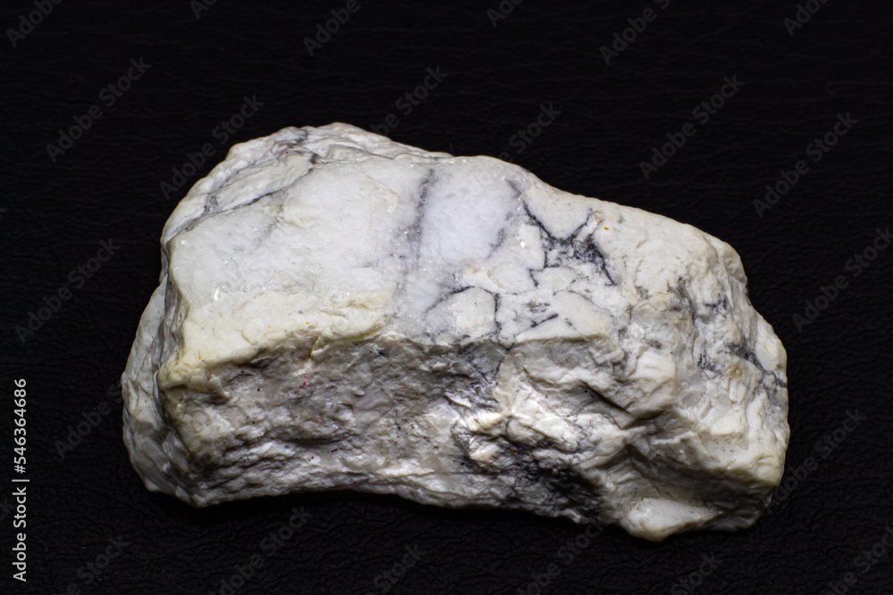 Close-up macro of a rough white howlite with light gray mineral veins, white buffalo stone, white turquoise crystal isolated on a black background surface Close-up macro of a rough white howlite with light gray mineral veins, white buffalo stone, white turquoise crystal isolated on a black background surface