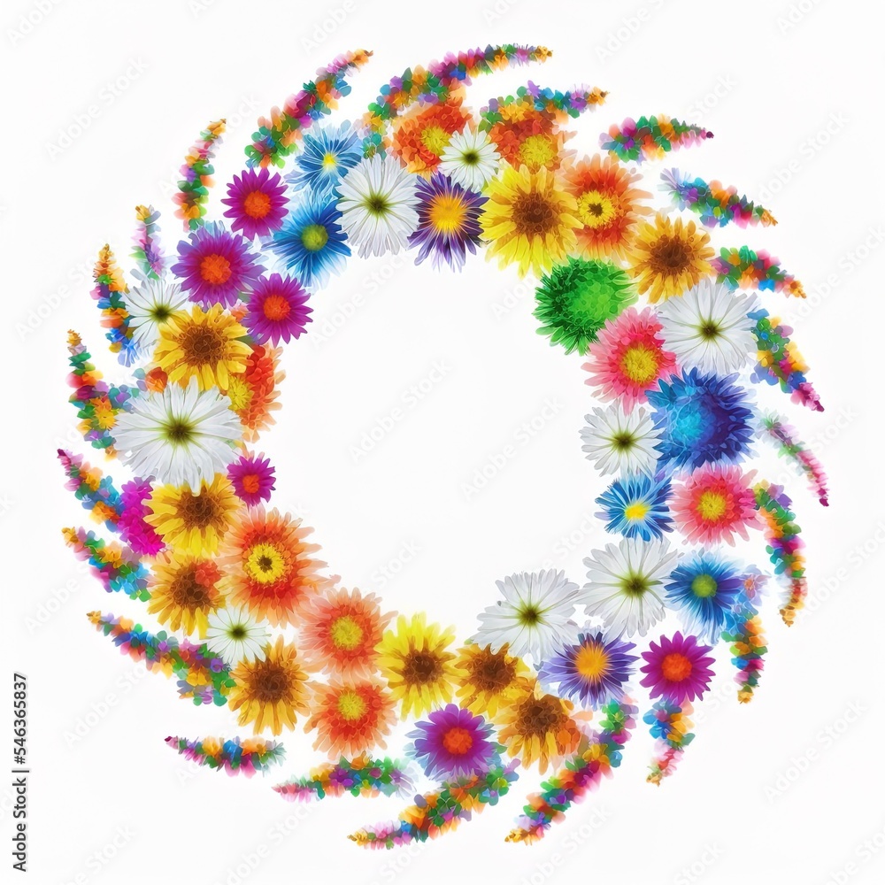 Flowers composition Wreath made of rainbow flowers on white background Flat lay, top view , anime style