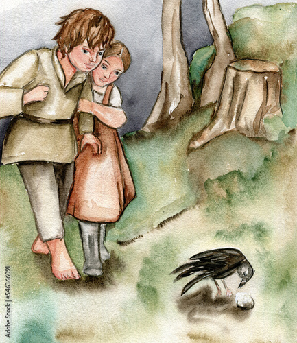 Hansel and Gretel watercolor fantasy illustration. Hand drawn book story. Children fairy tales 