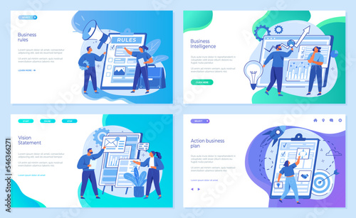 Intelligence, rules, action business plan, vision statement concept. Websites landing page templates set. People work with financial data for business development. Colleagues work with project