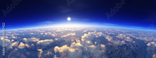 Photo Beautiful view of the Earth from low orbit, sunrise above the clouds, 3d renderi