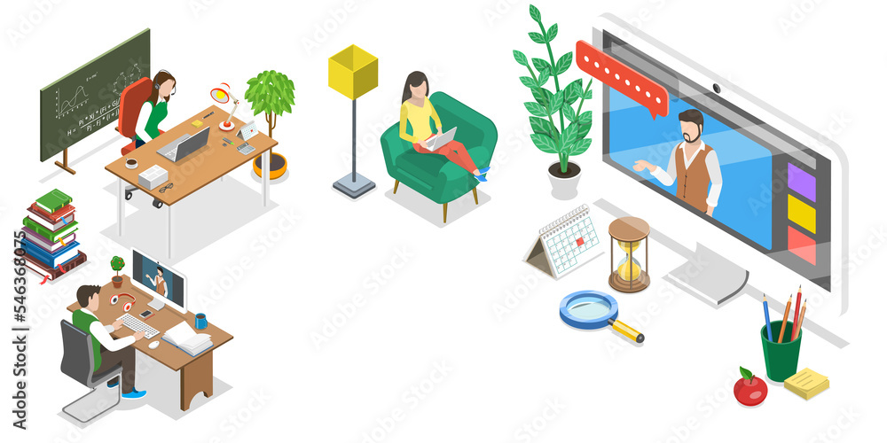3D Isometric Flat  Conceptual Illustration of Synchronous Virtual Learning