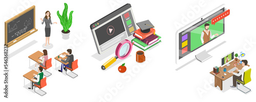 3D Isometric Flat  Conceptual Illustration of Hybrid or Blended Learning