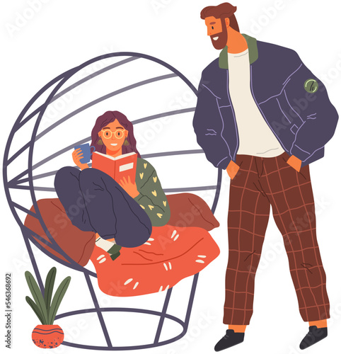 Father talking to teenager daughter in her room. Family meeting, communicating on white background. Girl reading sitting in comfy hanging chair. Personal space problem, upbringing and parenting
