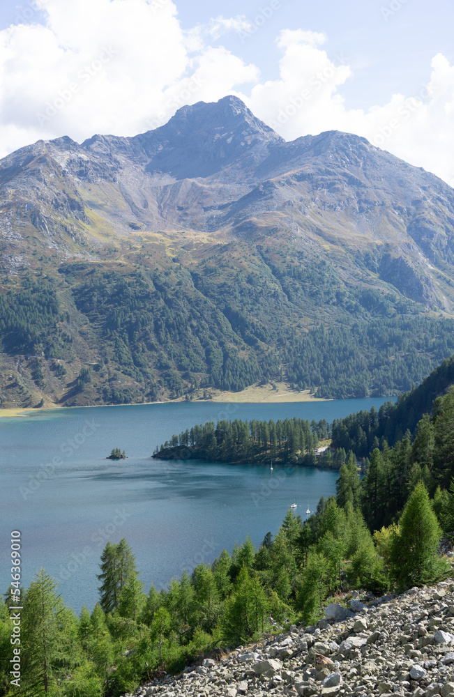 Lake Sils, in the Swiss Engadine Alps, during a sunny summer day near the village of Sils, Switzerland - August 2022.