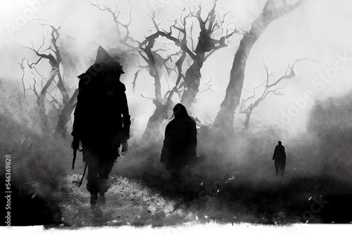 Lone man in developing rags walks. Dark silhouette scary illustration. Despair in fog apocalypse. Hazy landscape inspiring melancholy. Horror fantasy genre. Coal noise effect. Black white background.