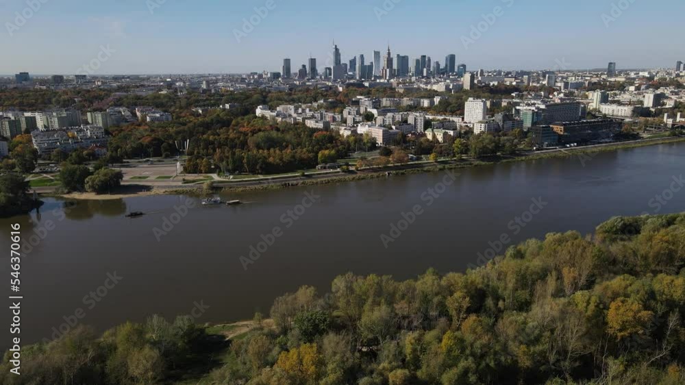 Aerial view on a sunny,autumn day on the center of Warsaw ,skyscrapers,financial centers and the Vistula River and bridges on it. Aerial view on a sunny,autumn day on the center of Warsaw ,skyscrapers,financial centers and the Vistula River and bridges on it.