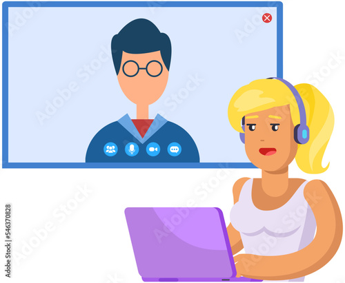 Remote comunication, virtual meeting concept. Distance chatting, internet video call, or interview at work. Program for virtual communication. Female employee during video meeting, business conference