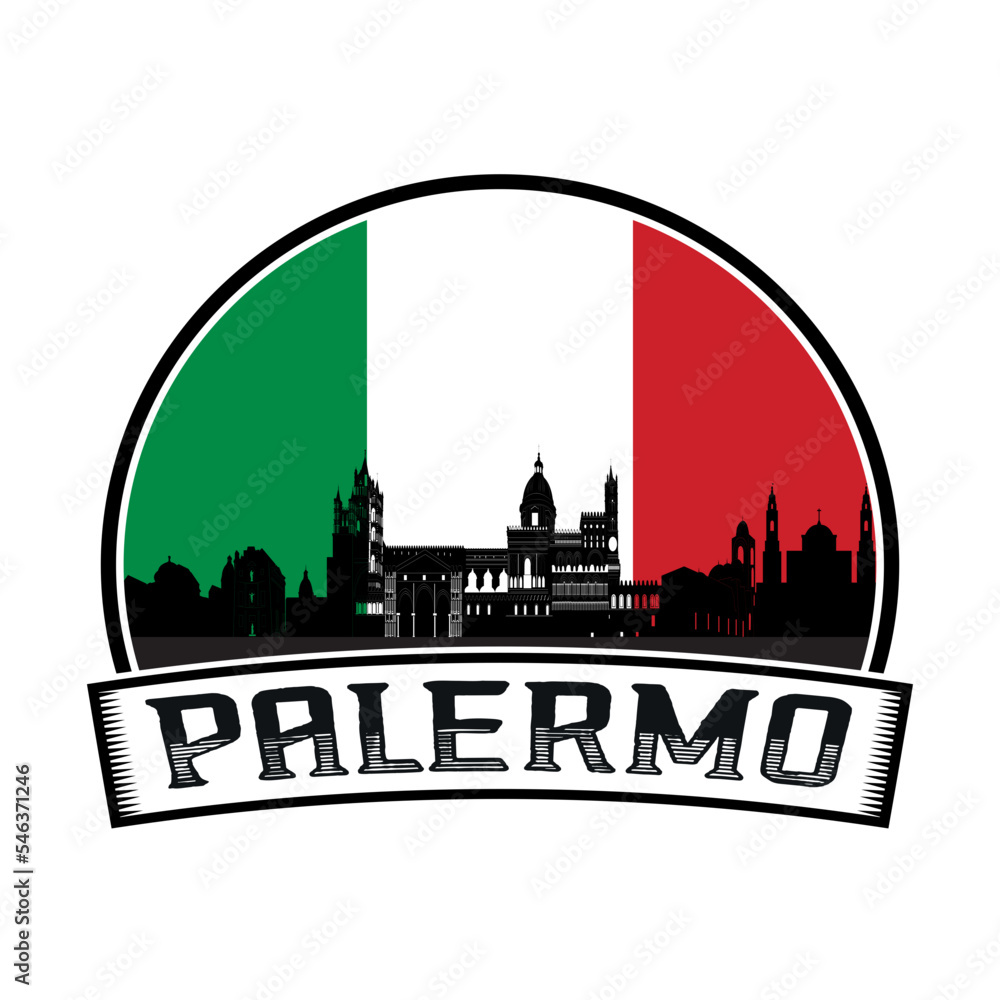 Palermo Italy Skyline Sunset Travel Souvenir Sticker Logo Badge Stamp Emblem Coat of Arms Vector Illustration SVG