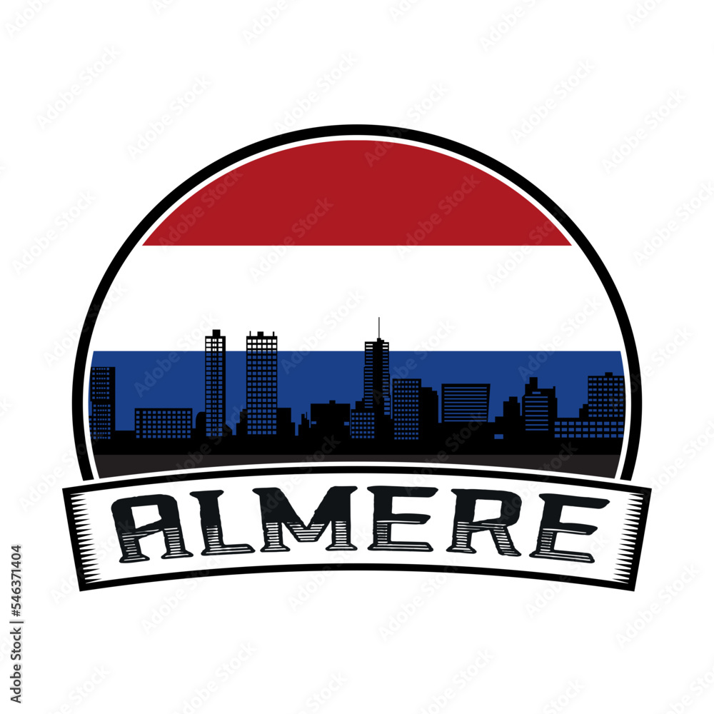 Almere Netherlands Skyline Sunset Travel Souvenir Sticker Logo Badge Stamp Emblem Coat of Arms Vector Illustration SVG