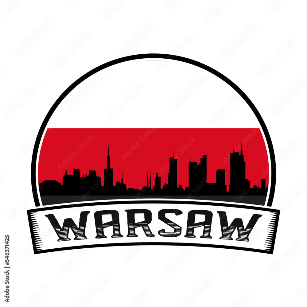 Warsaw Poland Skyline Sunset Travel Souvenir Sticker Logo Badge Stamp Emblem Coat of Arms Vector Illustration SVG