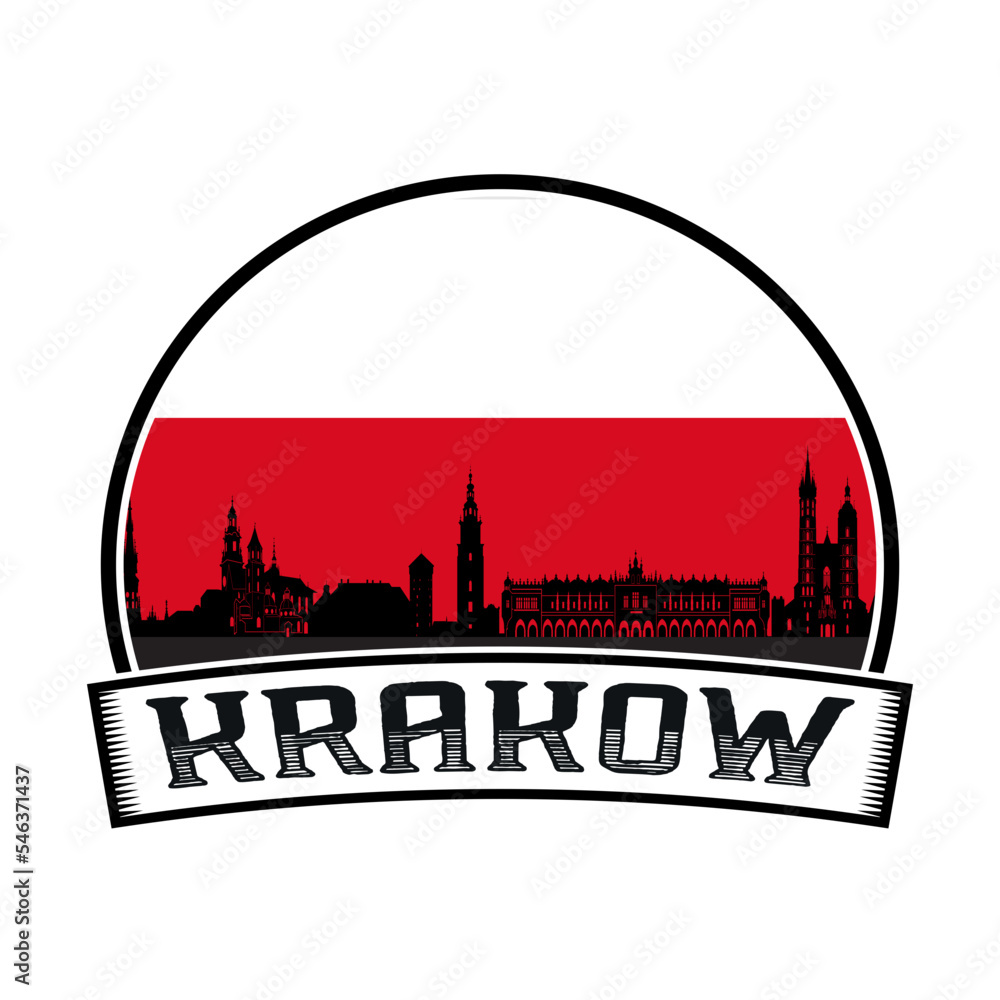 Krakow Poland Skyline Sunset Travel Souvenir Sticker Logo Badge Stamp Emblem Coat of Arms Vector Illustration SVG