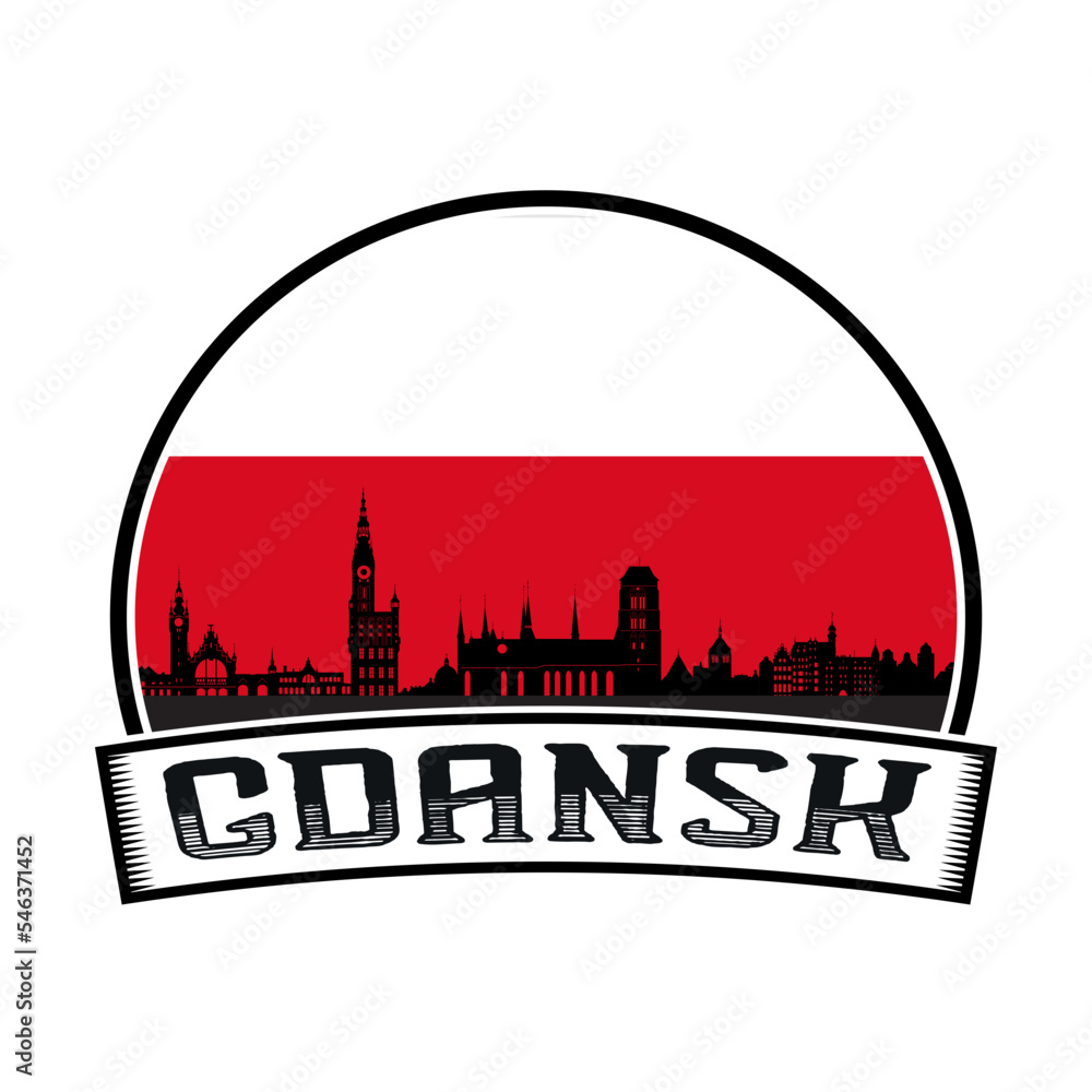 Gdansk Poland Skyline Sunset Travel Souvenir Sticker Logo Badge Stamp Emblem Coat of Arms Vector Illustration SVG