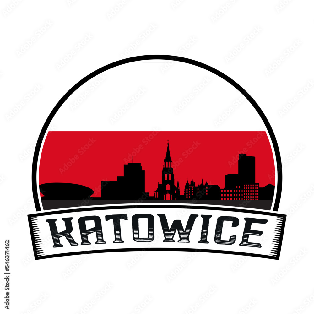 Katowice Poland Skyline Sunset Travel Souvenir Sticker Logo Badge Stamp Emblem Coat of Arms Vector Illustration SVG