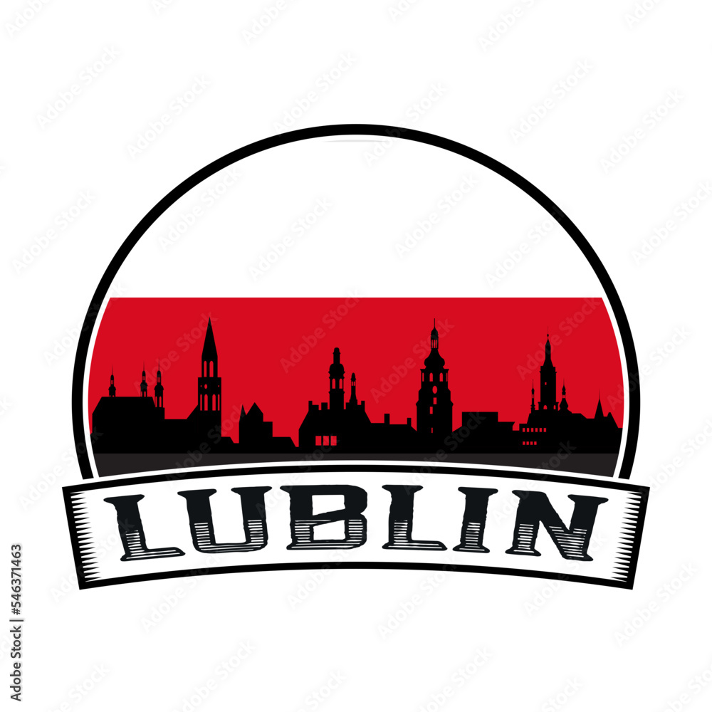 Lublin Poland Skyline Sunset Travel Souvenir Sticker Logo Badge Stamp Emblem Coat of Arms Vector Illustration SVG