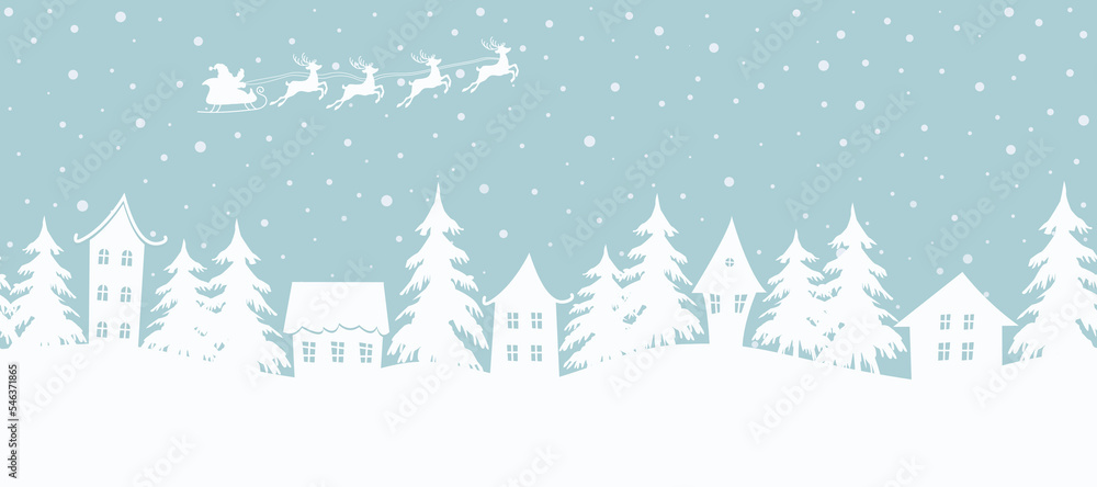 Christmas background. Winter village. Seamless border. Fairy tale winter landscape. Santa Claus is riding across the sky on deers. There are white houses and fir trees on light blue background. Vector - obrazy, fototapety, plakaty 