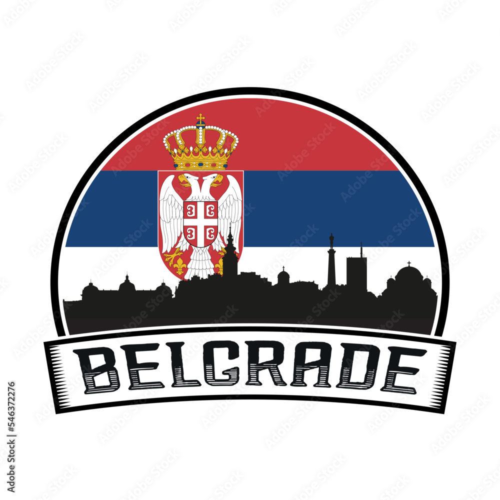 Belgrade Serbia Skyline Sunset Travel Souvenir Sticker Logo Badge Stamp Emblem Coat of Arms Vector Illustration SVG