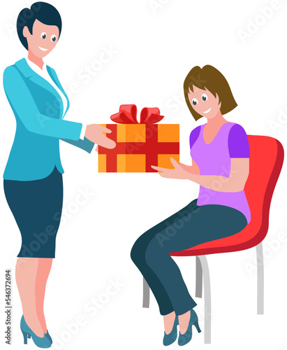 Vector office birthday event. Business woman boss congratulates subordinate on holiday and gives gift. Office manager gives present to best client, happy girl sitting on chair holding box with bow