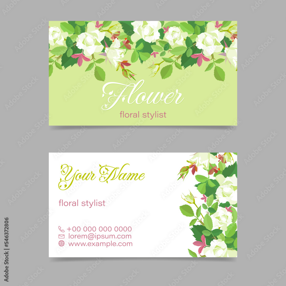 Business card template with white roses border on light green and white backgrounds for floral stylist or flower shop