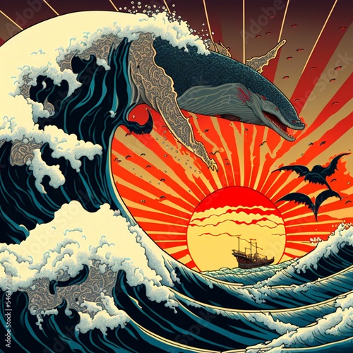 Print op canvas AI generated illustration of The Great Wave off Kanagawa
