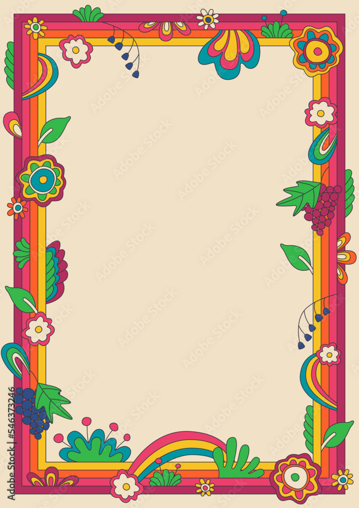 Psychedelic Style Floral Vintage Frame. 1960s Retro Colors Hippie Botanic Background