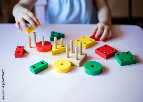 Montessori material. Children's hands. The study of mathematics and biology. School and kindergarten. banner