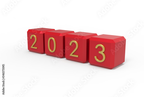 3d render red cubes New Year 2023 on a white background. Stock image. 