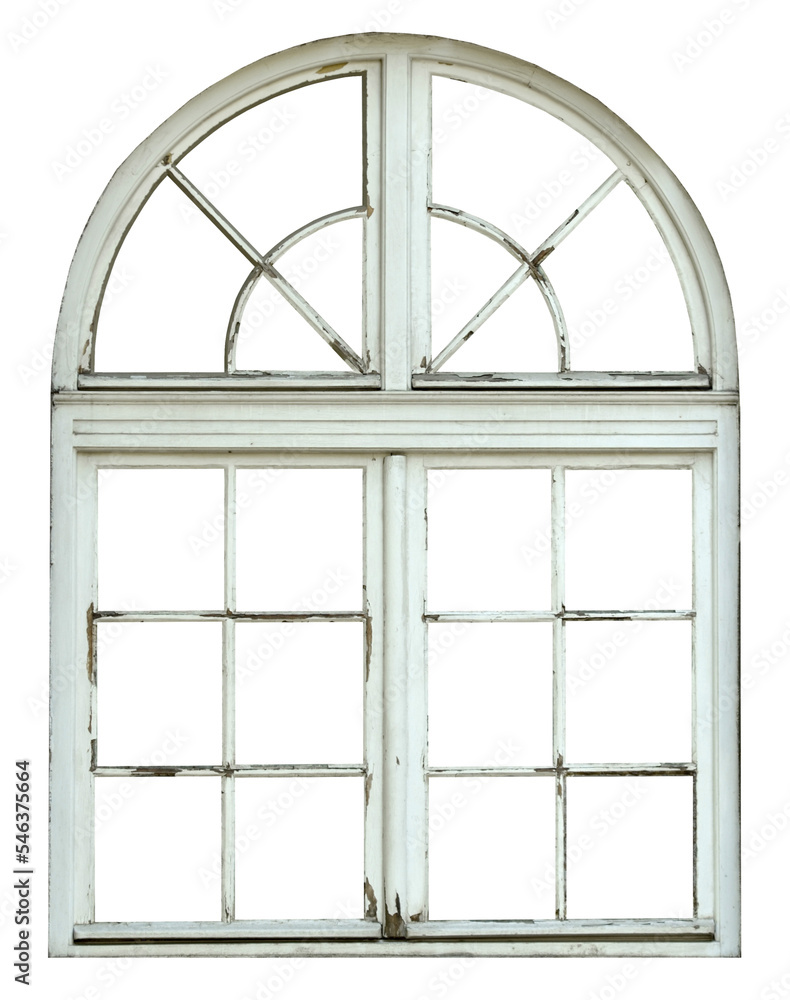 Old wooden window with arch on white background - obrazy, fototapety, plakaty 