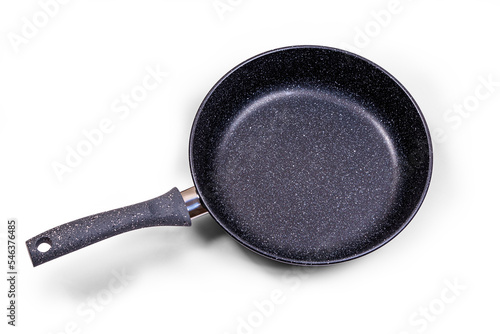 Black frying pan with non-stick coating on a white background.