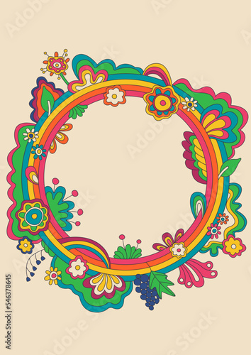 1960s Retro Style Floral Circle Frame. Psychedelic Flowers Vintage Colors Background