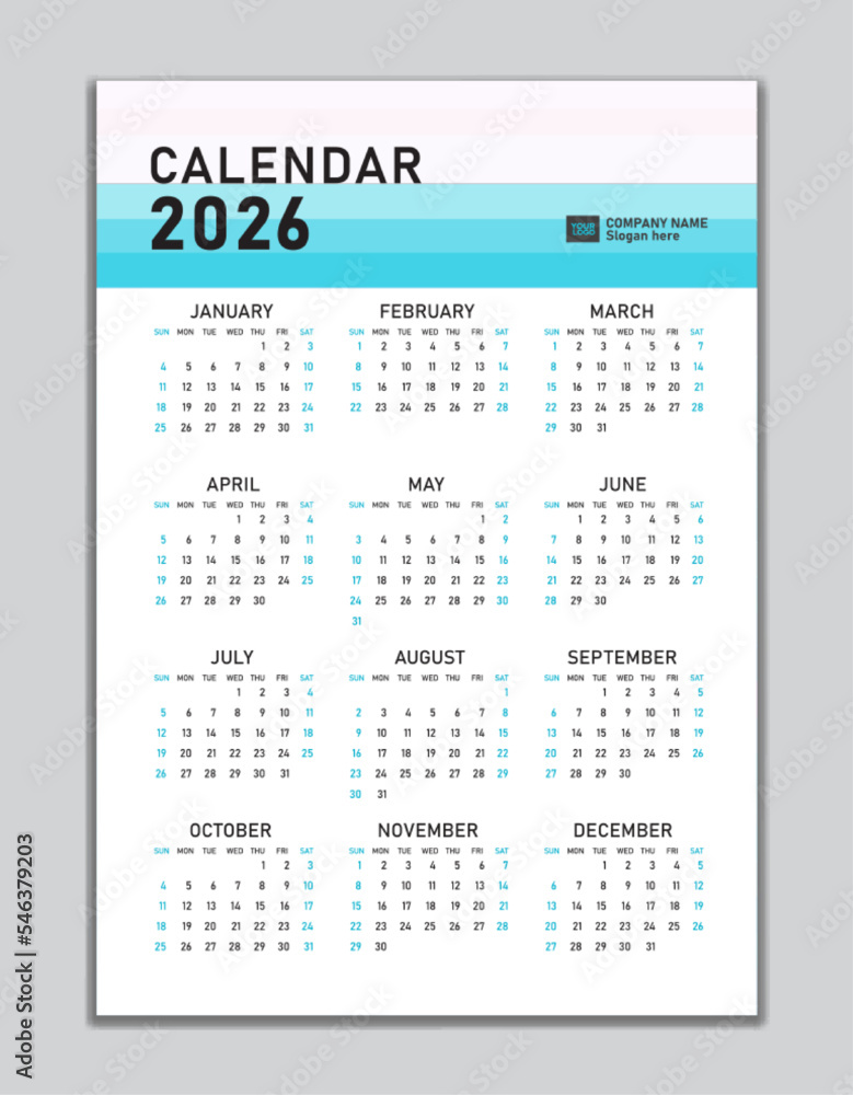Wall calendar 2026 template, desk calendar 2026 design, Week start