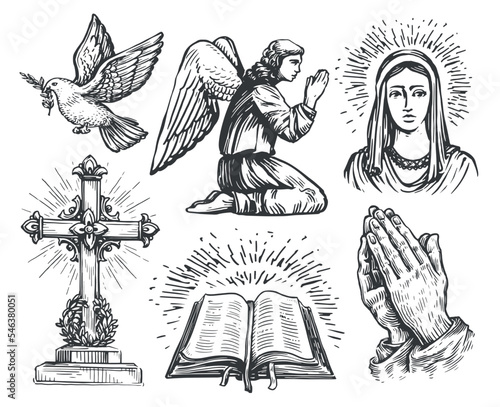 Praying angel, Folded hands in prayer, Christian cross, Bible book, Flying dove with olive branch, Holy Maria