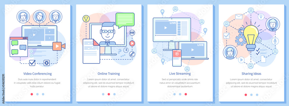 Distance learning, online meeting, live streaming and sharing ideas concept. Website for communication and education templates set. Technology for work and chatting, video conference, broadcast