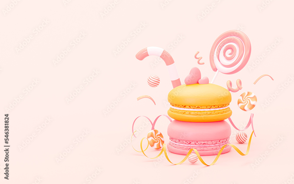 3D Pink sweet background. Macaroon with lollipops. Horizontal banner for text. 3d rendering illustration. 3D Pink sweet background. Macaroon with lollipops. Horizontal banner for text. 3d rendering illustration.