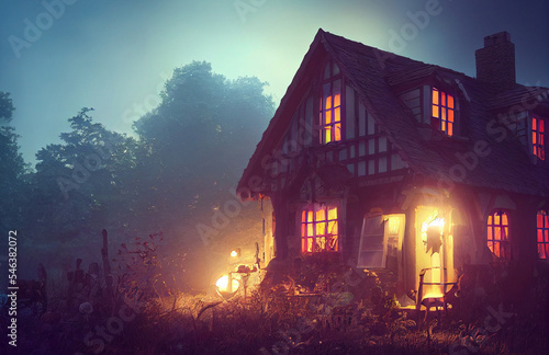 Old village house in the forest at night