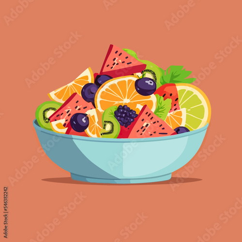 Vector of a fruit salad in a bowl on a coral background