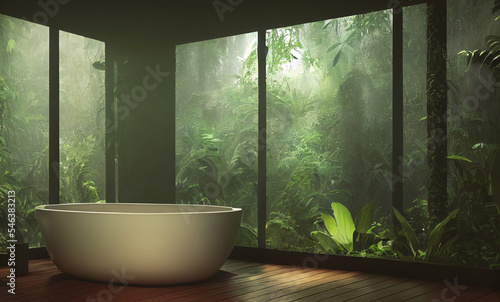 Modern luxury bathroom with nature. Bathtub in forest.