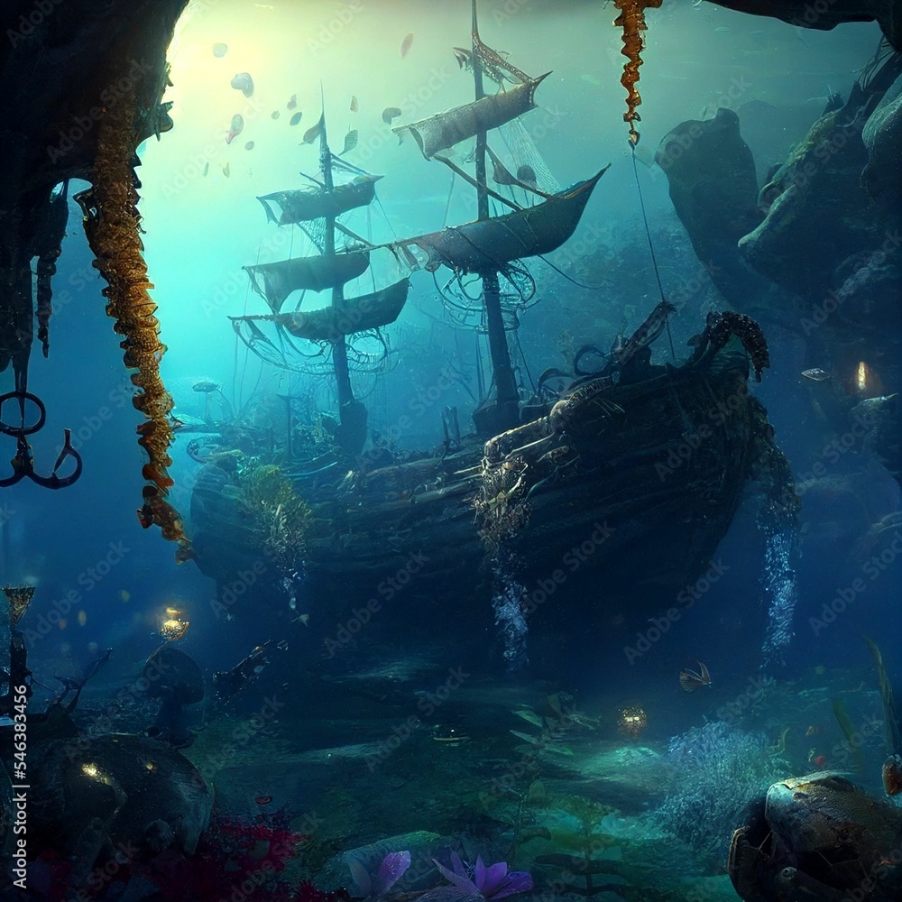AI generated hyperrealistic illustration of an abandoned sunken ship