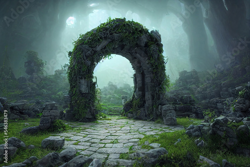 A mysterious door in the forest. Ancient ruins.