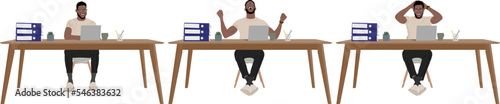 Set of black men sitting at the table using a laptop computer for online work in the office. Vector illustration isolated on white. Full length view