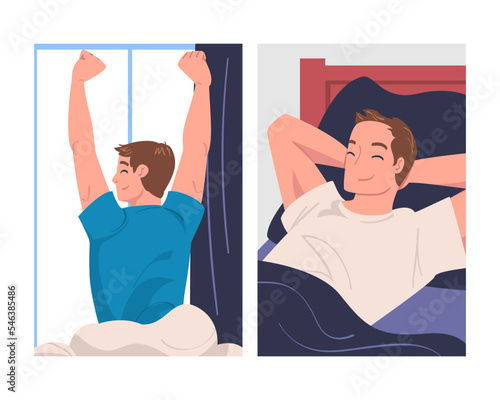 Man Character Waking Up Feeling Happy Stretching Out in Bed Ready to Get Up in the Morning Vector Set