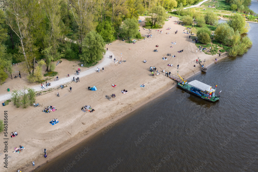 Water tram on Saska Kepa beach over River Vistula in Warsaw, Poland
