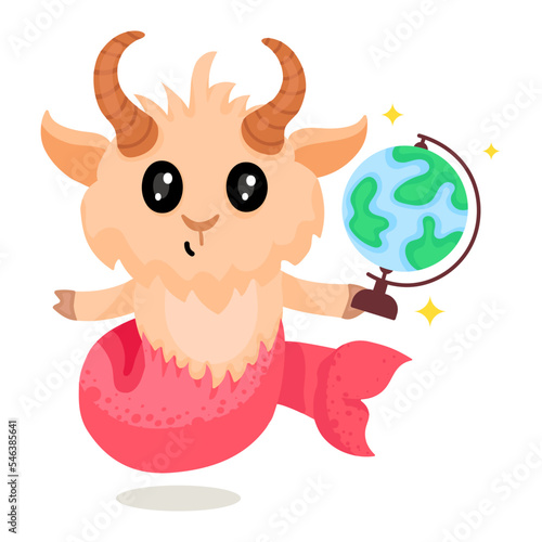 A capricorn sign with globe, flat vector