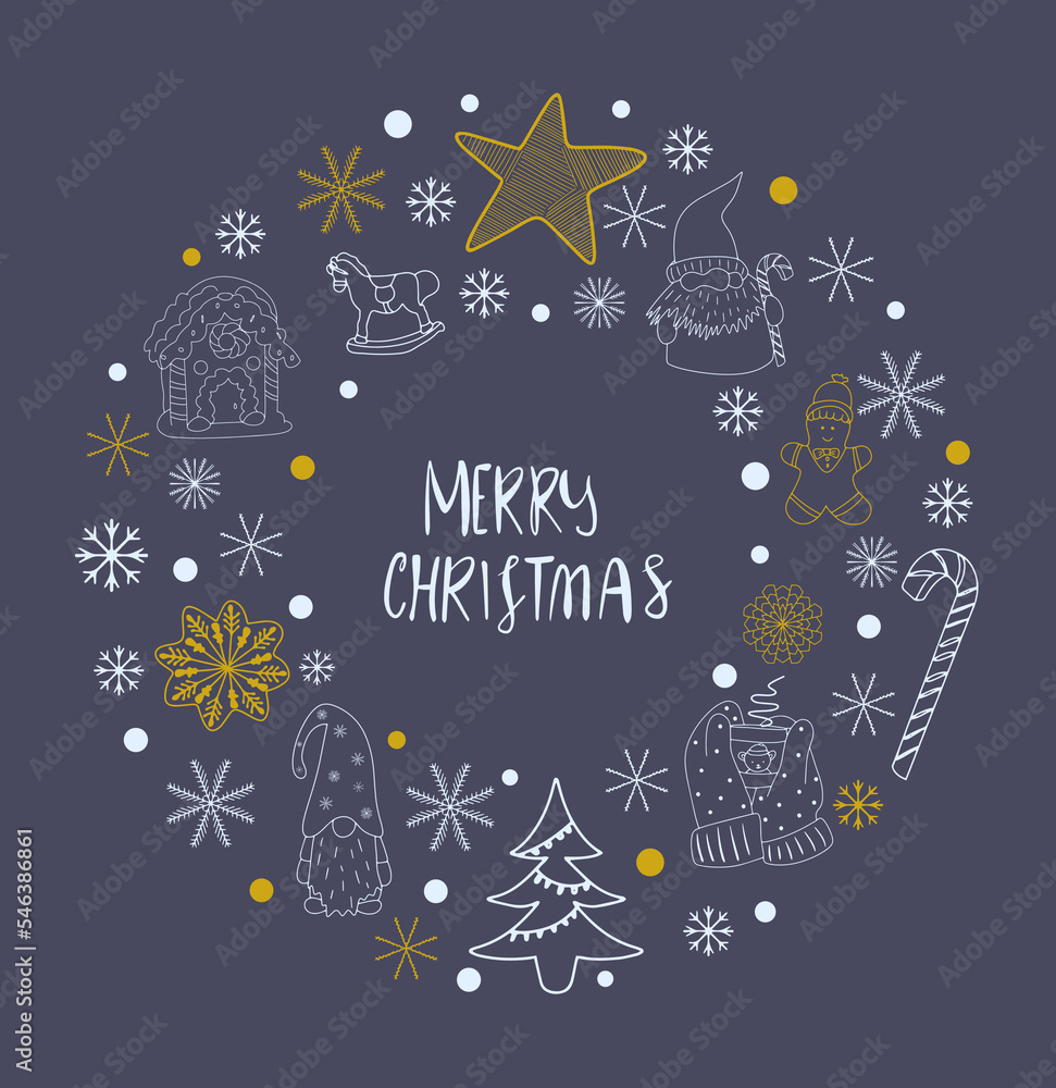 Christmas doodle elements wreath. Cute winter motif for greeting card, banner, backgrounds Christmas doodle elements wreath. Cute winter motif for greeting card, banner, backgrounds