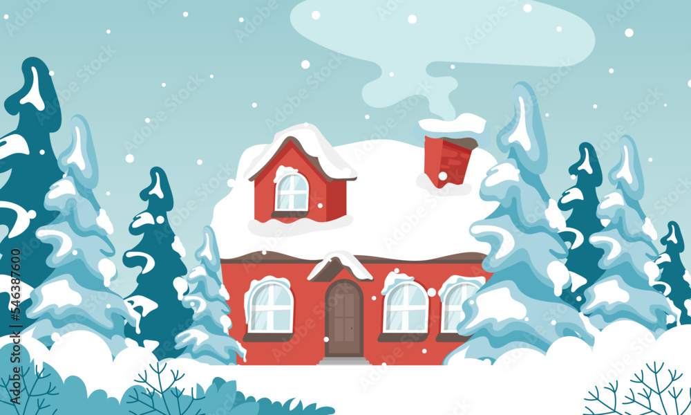 Winter landscape with cute houses and trees, merry Christmas greeting card template. Vector illustration in flat style