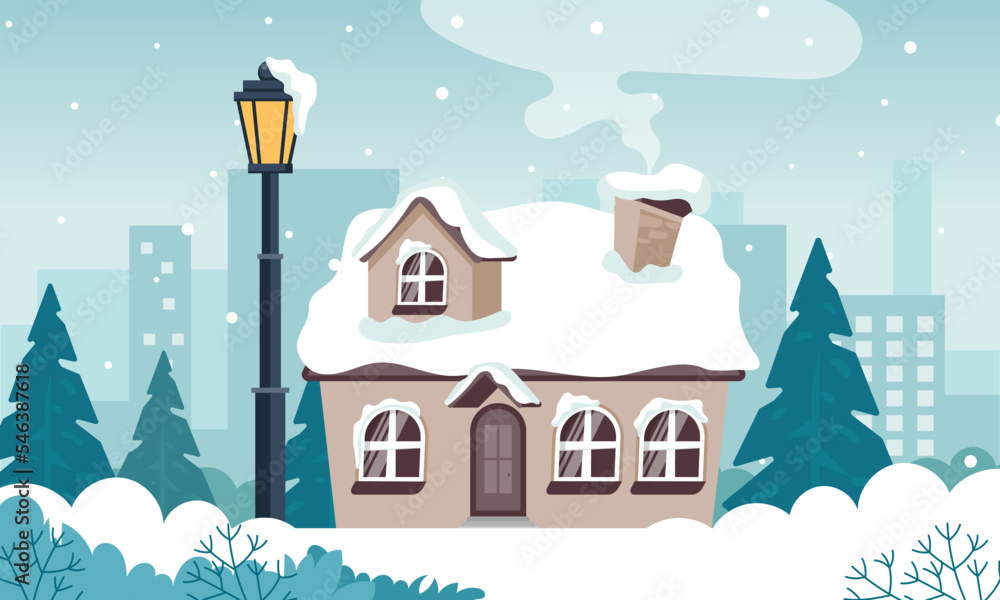 Winter landscape with cute houses and trees, merry Christmas greeting card template. Vector illustration in flat style